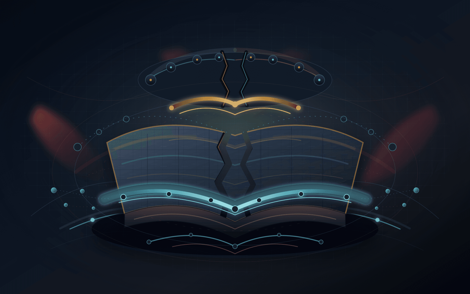 Abstract dark editorial illustration of a cracked registry ledger held up by a cold blue continuity firewall, with split governance nodes, an amber emergency bridge, red capture-risk shadows, fragile small-operator nodes, side channels, and dependency pulses.
