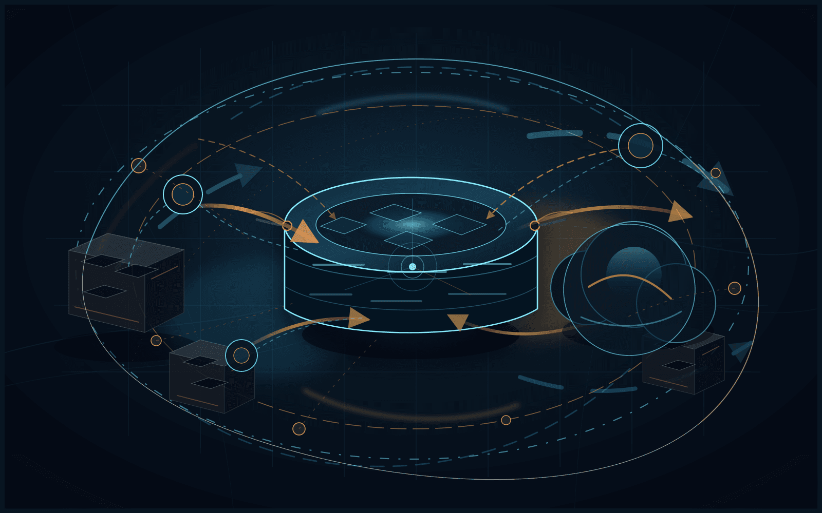 Abstract dark editorial scene with a cold blue registry core surrounded by depleted blocks, amber transfer flows, incomplete blue expansion arcs, mediation nodes, operator clusters, and a thin boundary between stewardship and gatekeeping.