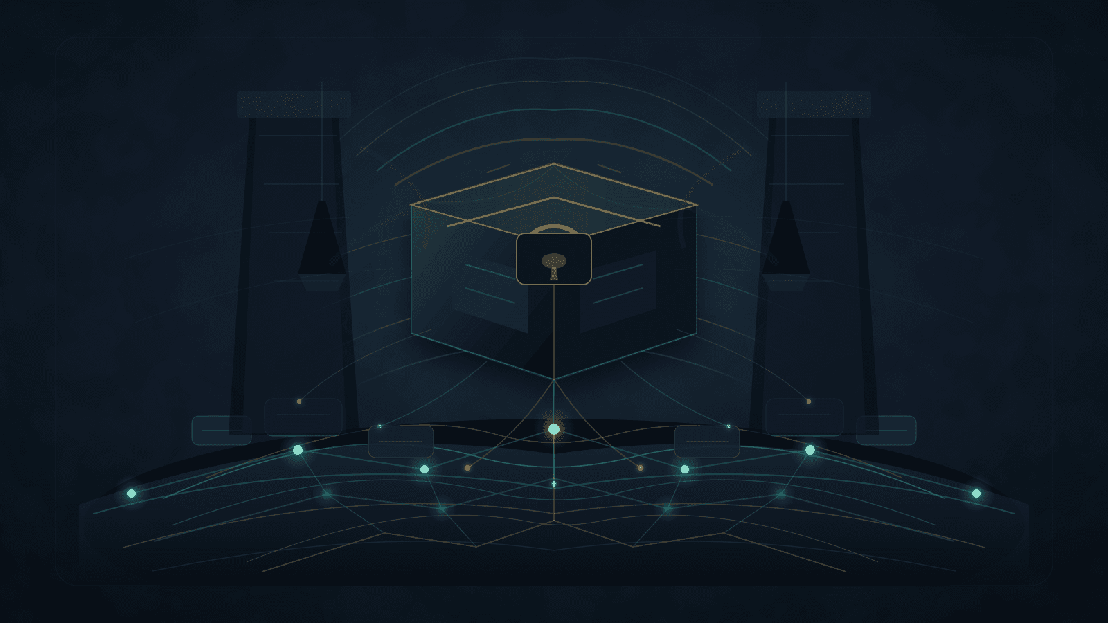 Abstract editorial illustration of a fragile registry ledger hovering over internet routing lines, address blocks, member nodes, continuity strands, and institutional pressure weights.