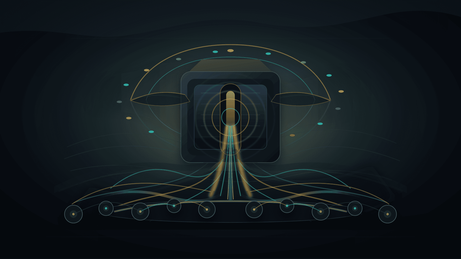Abstract editorial vector scene showing a dark institutional registry vault connected to member nodes, encircled by a strained transparent governance ring with restrained gold and teal accountability rails.