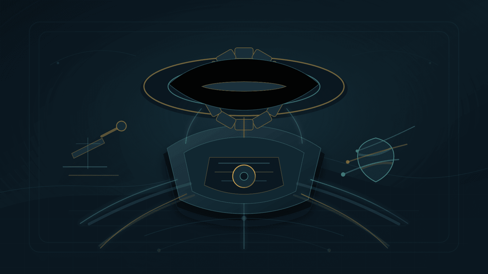 Abstract editorial illustration of AFRINIC board oversight, with a suspended board ring above a central registry ledger and balanced legal, enforcement, reserve, and continuity symbols.