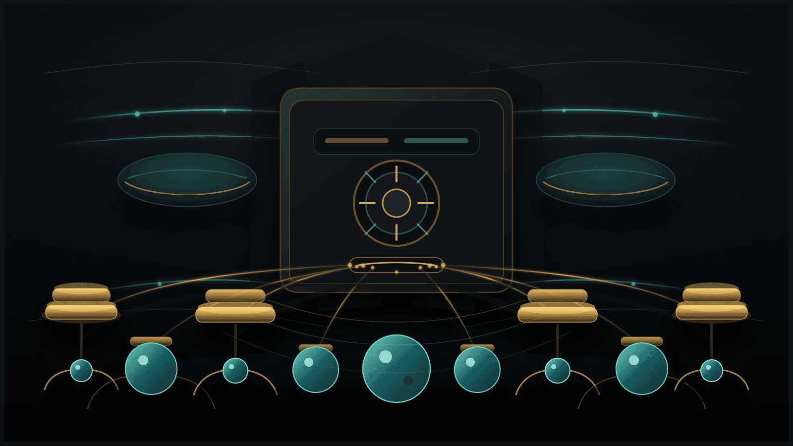 Abstract institutional vector scene showing a central registry vault collecting thin gold fee streams from unequal member nodes, with smaller nodes visibly bearing heavier fiscal weights.