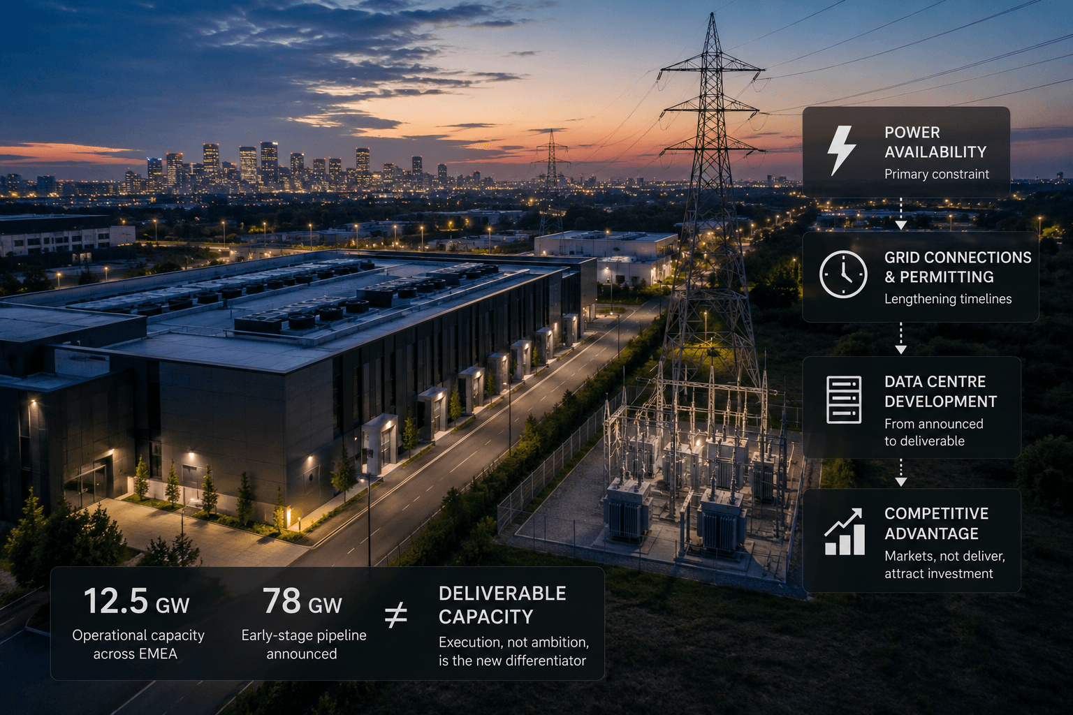 Conceptual editorial illustration of a modern data centre connected to high-voltage power infrastructure, representing how electricity availability, planning and grid access are reshaping AI infrastructure investment across EMEA.