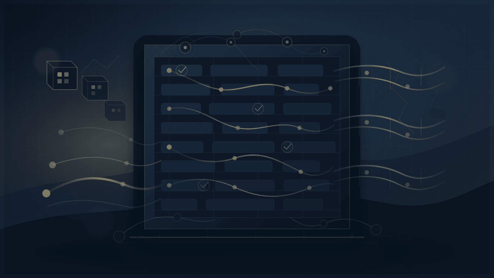 Abstract editorial illustration of a disciplined registry ledger connected to scarce IPv4 asset blocks, settlement paths, continuity rails, and due-diligence signals, with fragmented records at the edges.
