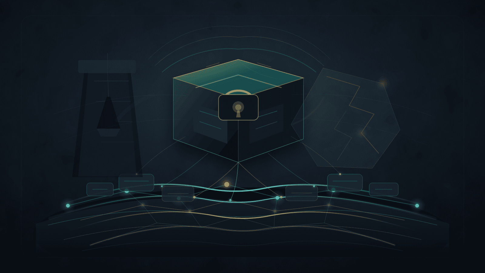 Abstract editorial illustration of a cryptographic trust chain rising from a registry ledger and key vault into routing paths, resource blocks, and counterparties under subtle institutional stress.