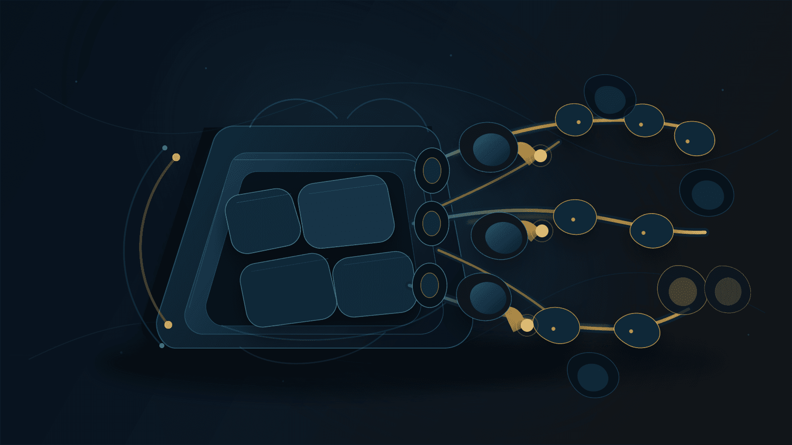 Abstract premium editorial illustration of a stable address-holder platform feeding multiple amber option paths, reserve buffers, and switching levers across a dark registry-like field.