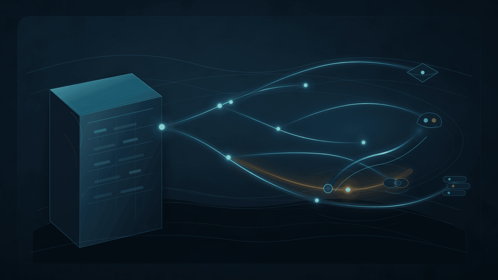 Abstract ARIN reverse-DNS continuity scene with a cool registry ledger, branching delegation paths, service nodes, one amber misaligned branch and a blue cutover bridge restoring customer-operation continuity.