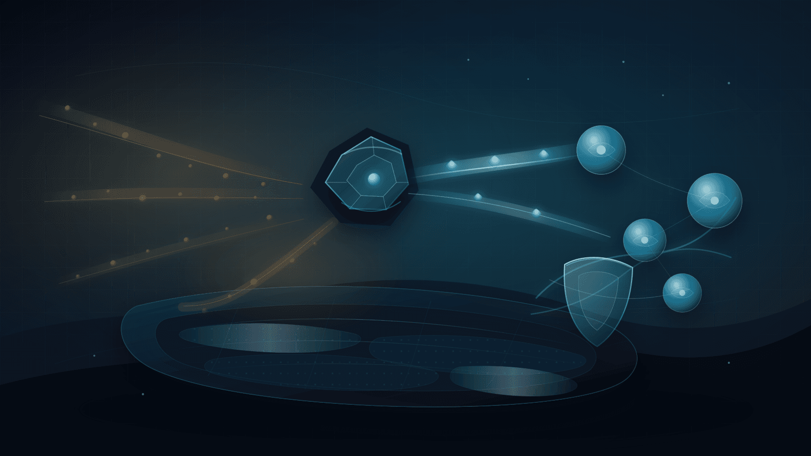 Abstract ARIN abuse-contact policy scene with a cool registry ledger, a cyan triage hub, amber complaint particles, bright evidence packets, operator and customer nodes, and a blue continuity shield.