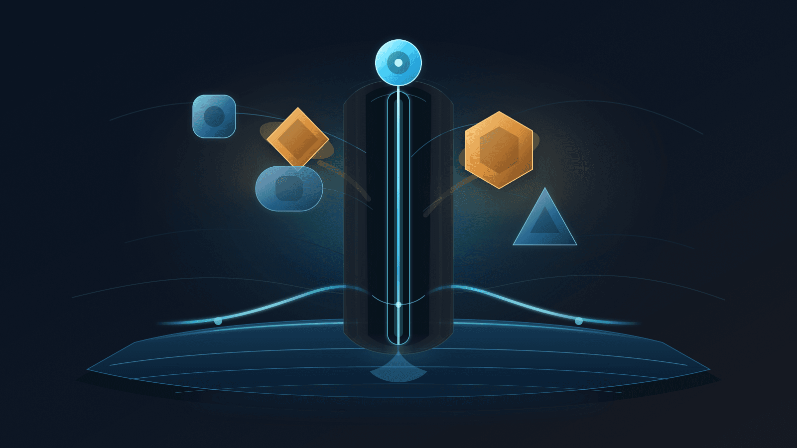 Abstract ARIN identity-verification scene with a cool registry ledger, narrow cyan authority aperture, aligned and misaligned role tokens, amber delay shadows and a thin continuity rail.