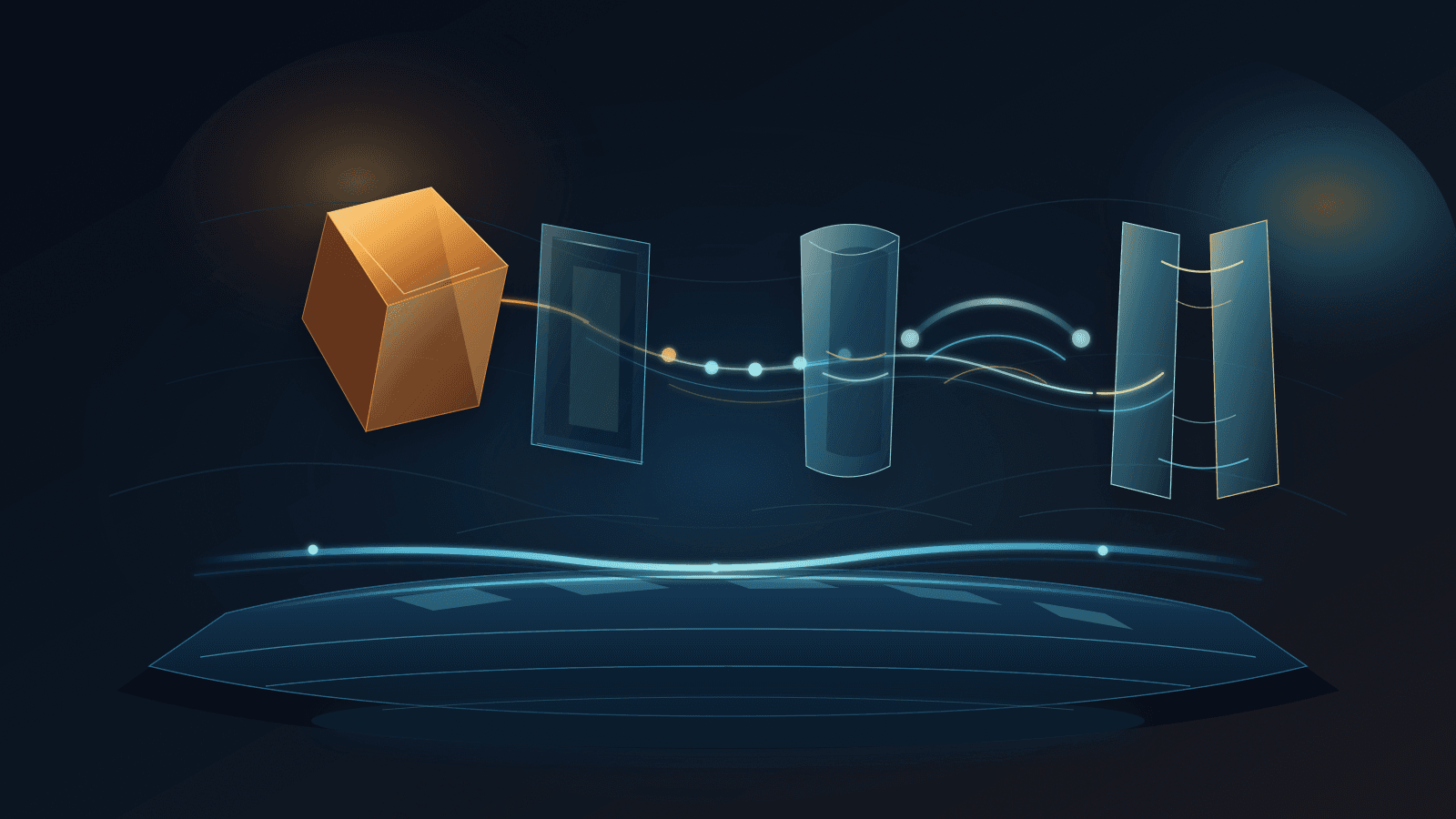 Abstract ARIN due-process scene with a cool registry ledger, amber decision prism, blank review panes, reason trail, cure window, appeal bridge, finality gate and blue continuity rail.