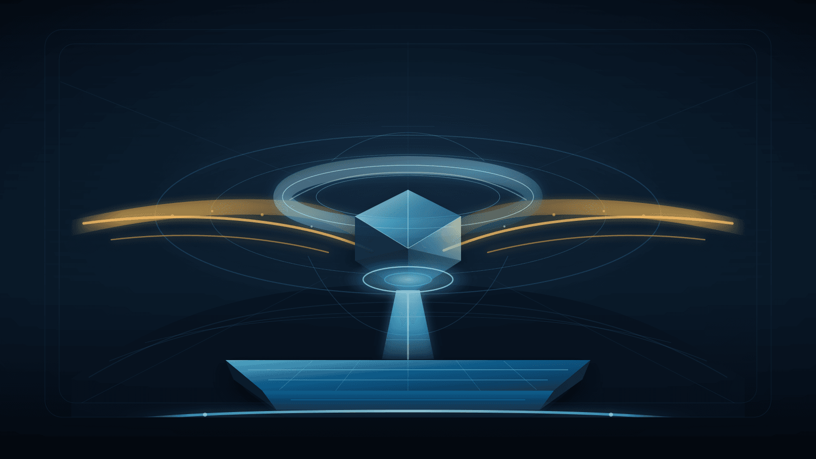 Abstract ARIN dispute-resolution scene with two amber claim streams, a suspended resource prism, neutral forum ring, blue compatibility aperture, remedy bridge, registry ledger and continuity rail.