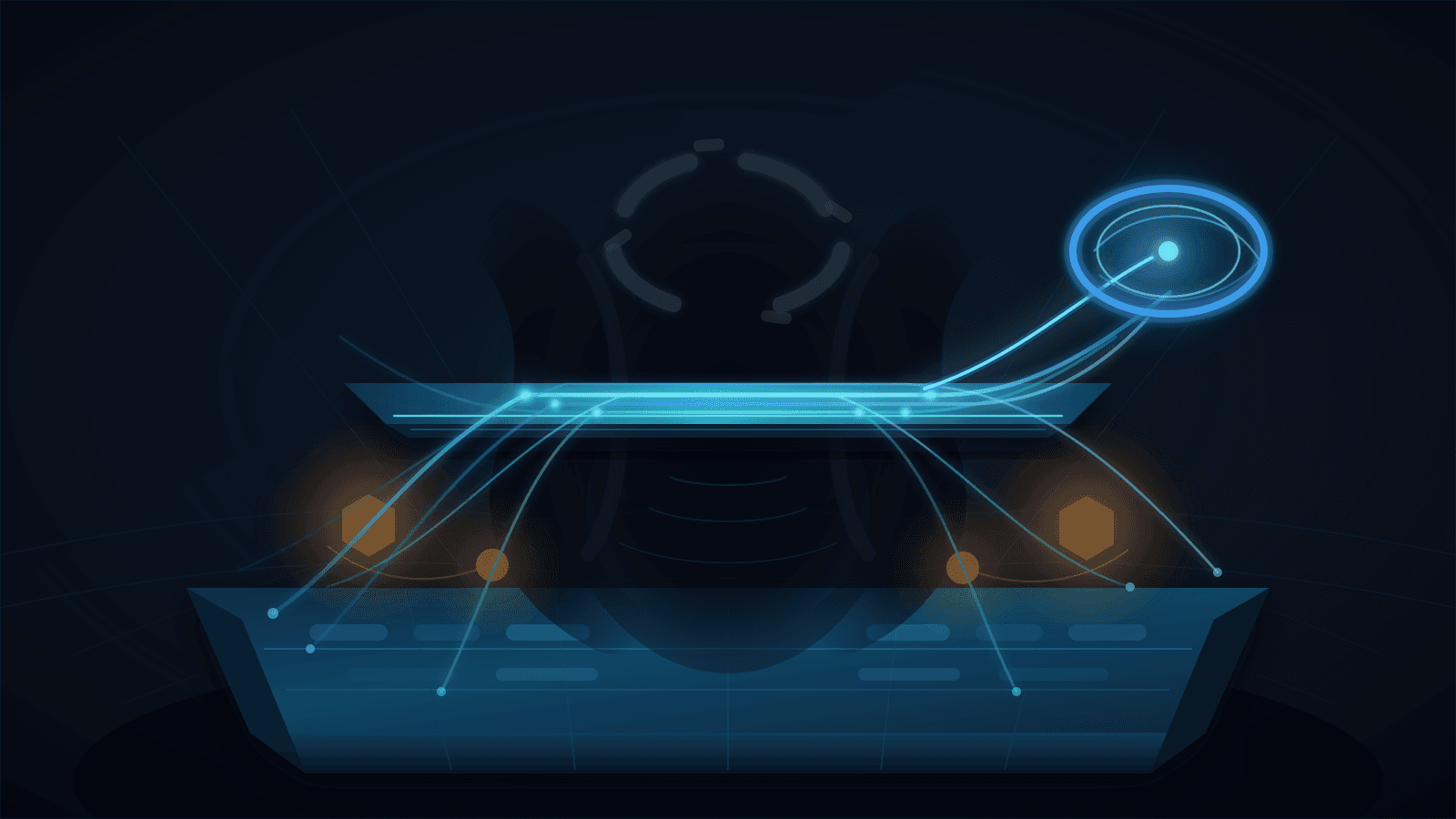 Abstract ARIN receiver-continuity scene with a registry ledger, governance interruption gap, caretaker bridge, service rails, amber vendor-risk haze and blue handback path.