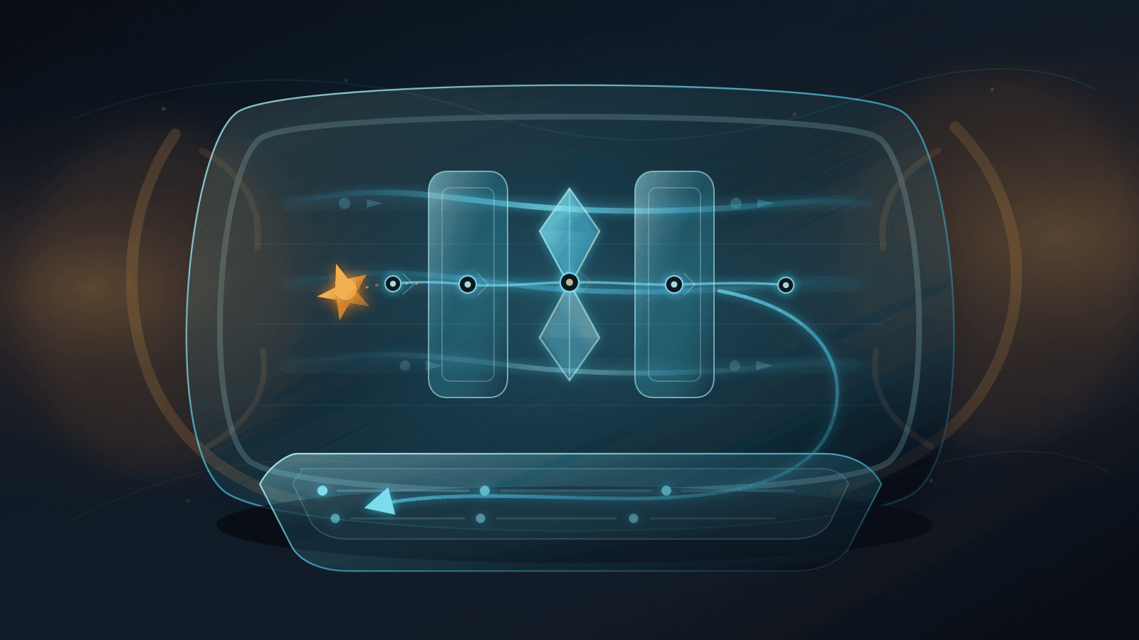 Abstract ARIN corruption-risk control scene with a registry ledger, cyan integrity chamber, dual approval gates, audit nodes, separated access lanes and reversibility loop.