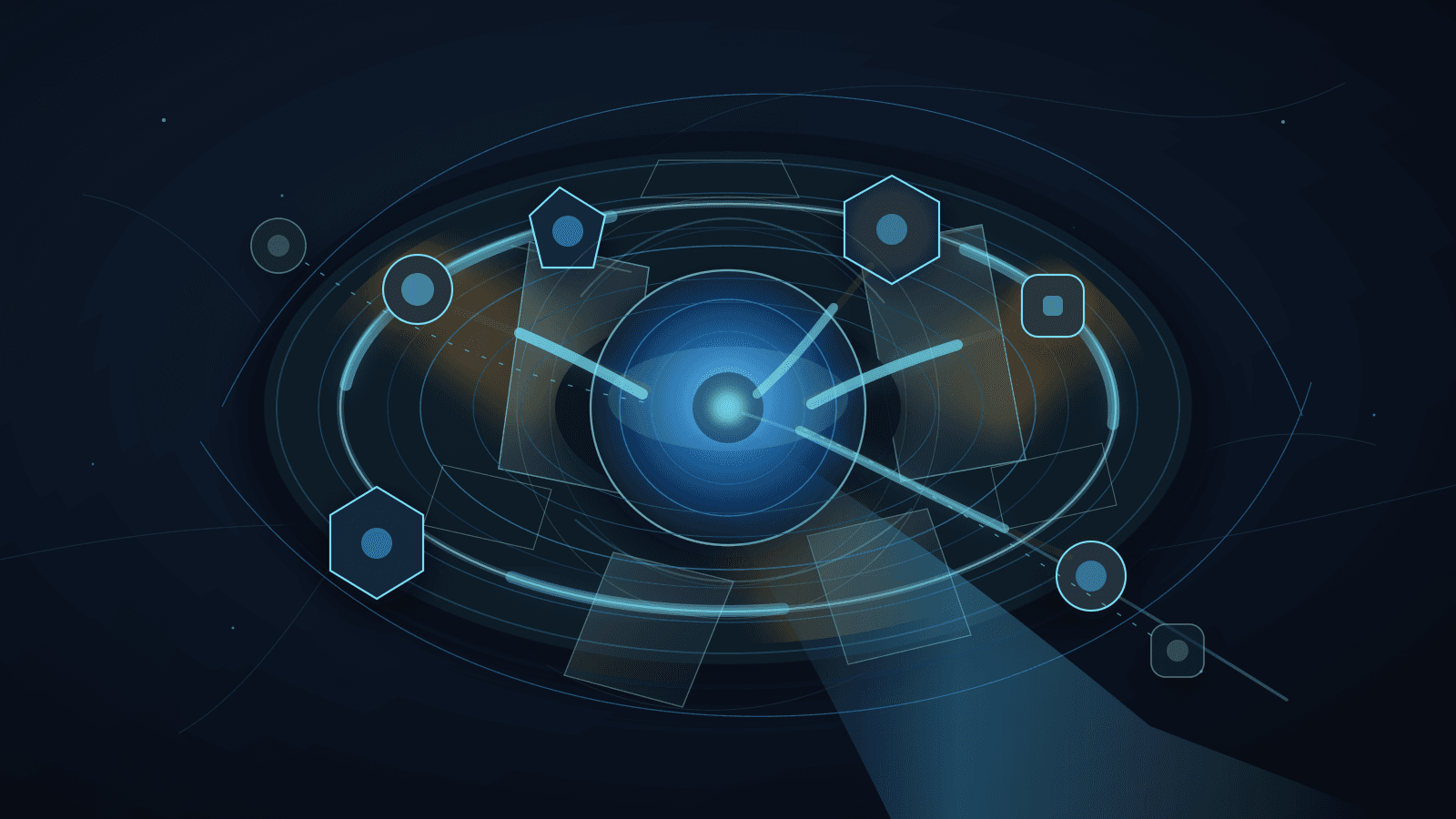 Abstract institutional chamber with a blue registry ledger disk, transparent disclosure panes, cyan recusal arcs, amber influence shadows, an intact quorum ring, offset non-voting nodes, and a calm assurance beam.