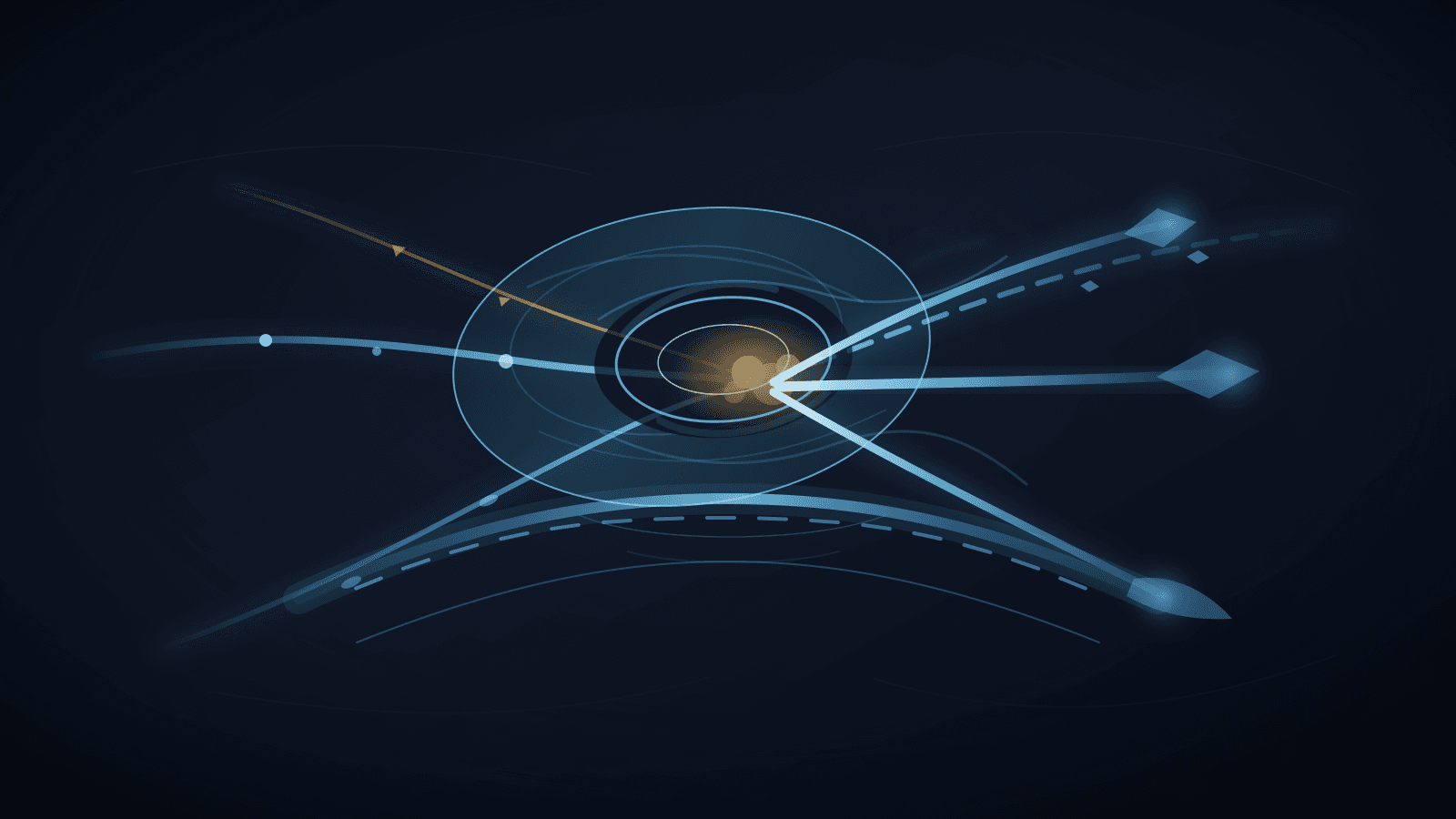 Abstract procedural scene with a translucent central aperture, bent signal streams, an amber ambiguity cloud, a blue registry arc, and three branching ruling beams.