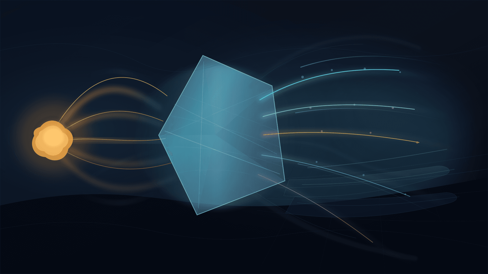 Abstract editorial hero image showing an amber issue core sending possible paths through a translucent cyan prism, where only narrowed lanes continue toward a cool registry-like horizon while other paths fade away.