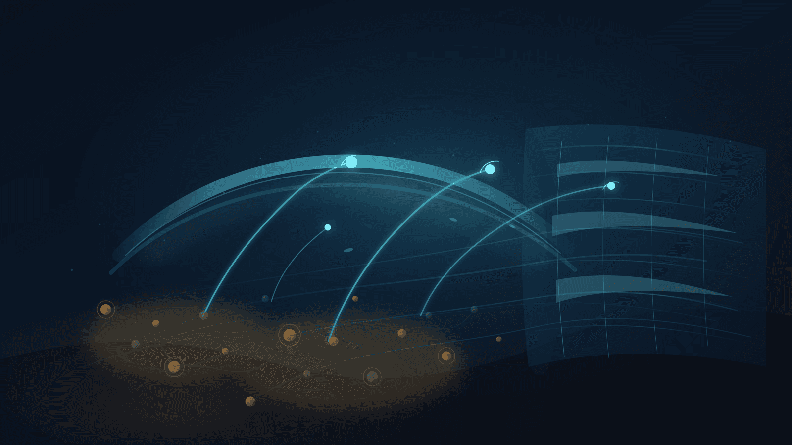 Abstract 16:9 editorial image of a dark governance signal field where many muted amber and graphite nodes sit below a translucent cyan threshold while only a few bright cyan signals cross toward a cool registry ledger horizon.