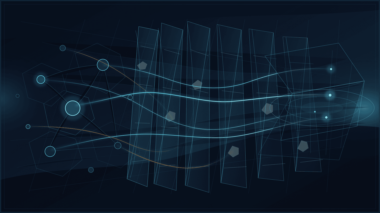 Abstract navy hero image showing unequal network nodes facing translucent cost gates, with cyan paths reaching a cool registry chamber and amber paths fading before arrival.