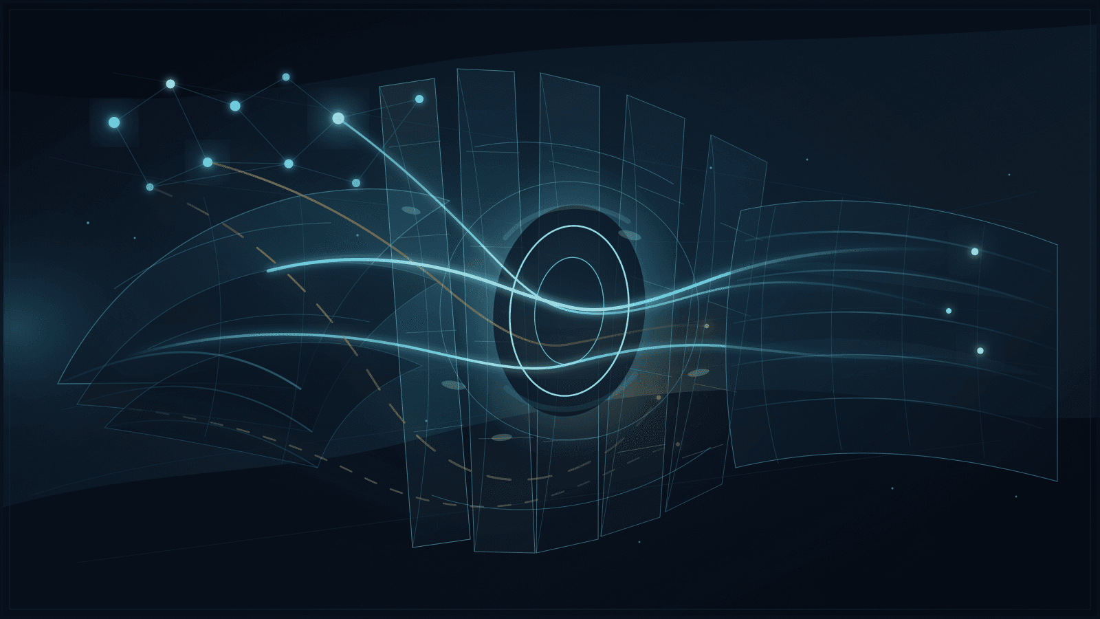 Abstract 16:9 editorial image showing a cool meeting chamber and remote node constellation feeding a shared governance aperture through transparent platform layers toward a registry ledger horizon.