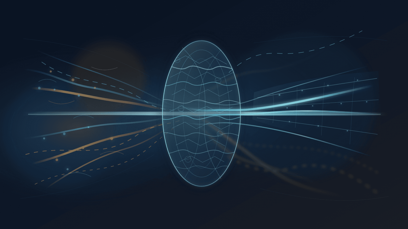Abstract editorial hero image showing amber and blue operational signals entering a translucent language-policy lens, where some emerge as crisp cyan evidence paths toward a cool registry ledger horizon while others blur and refract.