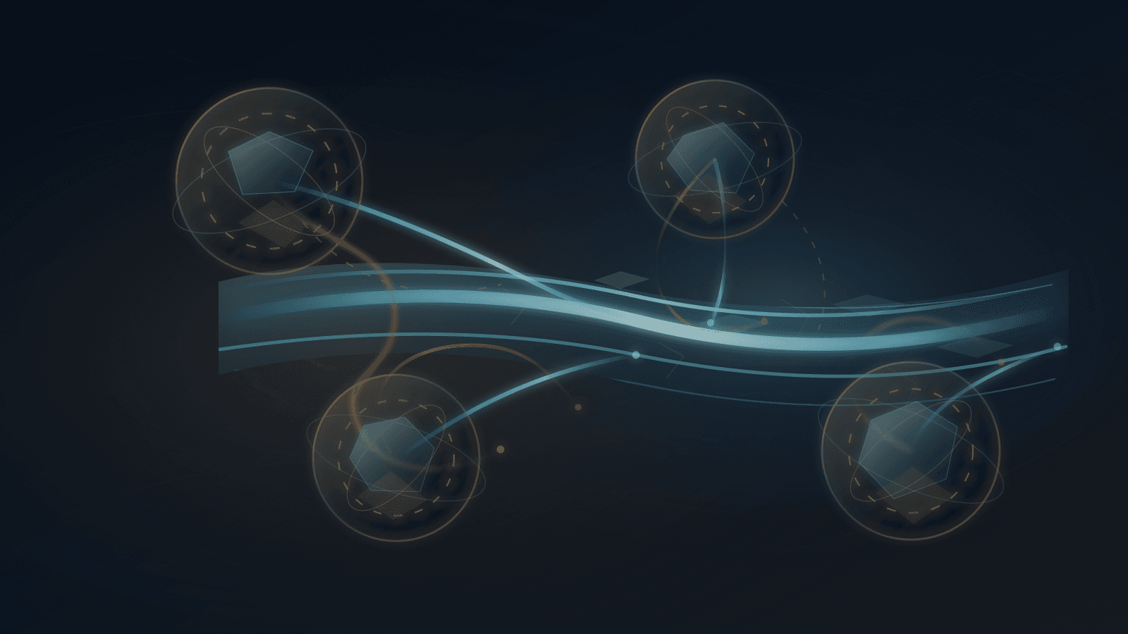 Abstract editorial hero image showing a continuous cool-blue registry ledger horizon under pressure from separate amber and graphite validation chambers, with cyan rails aligning cleanly while amber loops split and miss the main record.