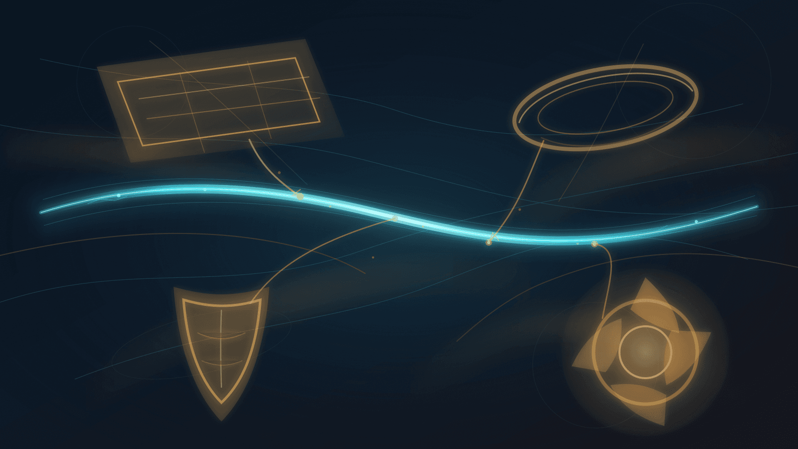Abstract cyan registry ledger arc crossing a dark field while amber legal-pressure geometries touch it at precise points and broader waves bend away.