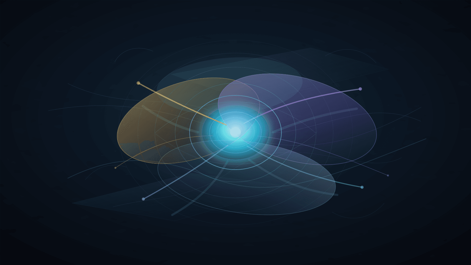Abstract cyan registry core surrounded by translucent trust-zone lenses that refract the same signal into separate acceptance paths.