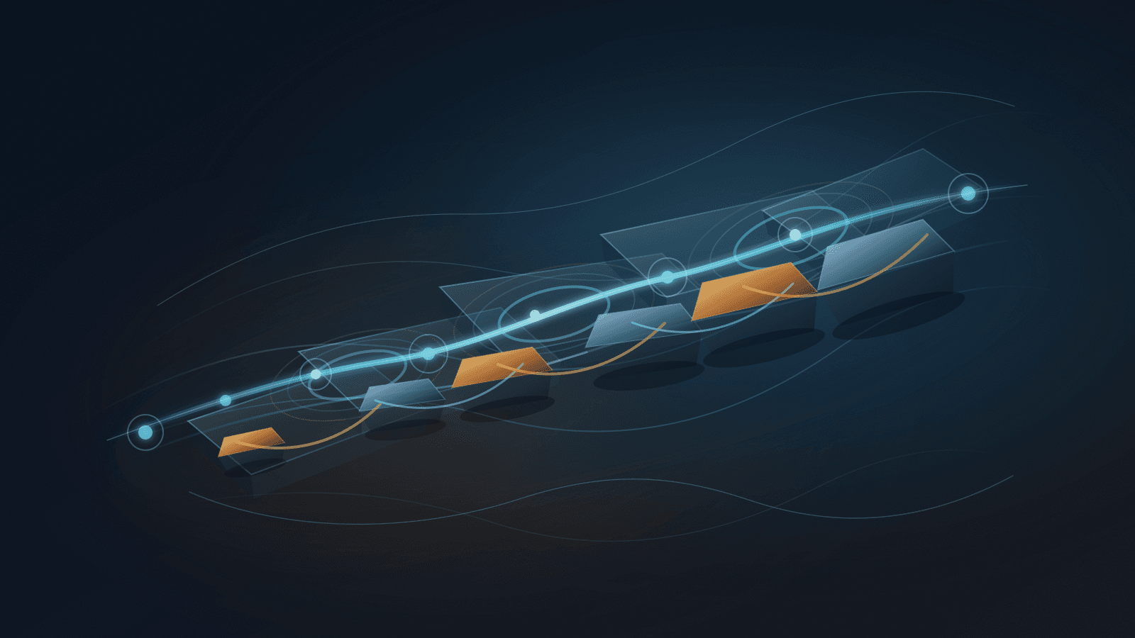 Abstract cyan registry ledger line passing through layered dossier planes, bank-rail arcs and amber compliance weights.