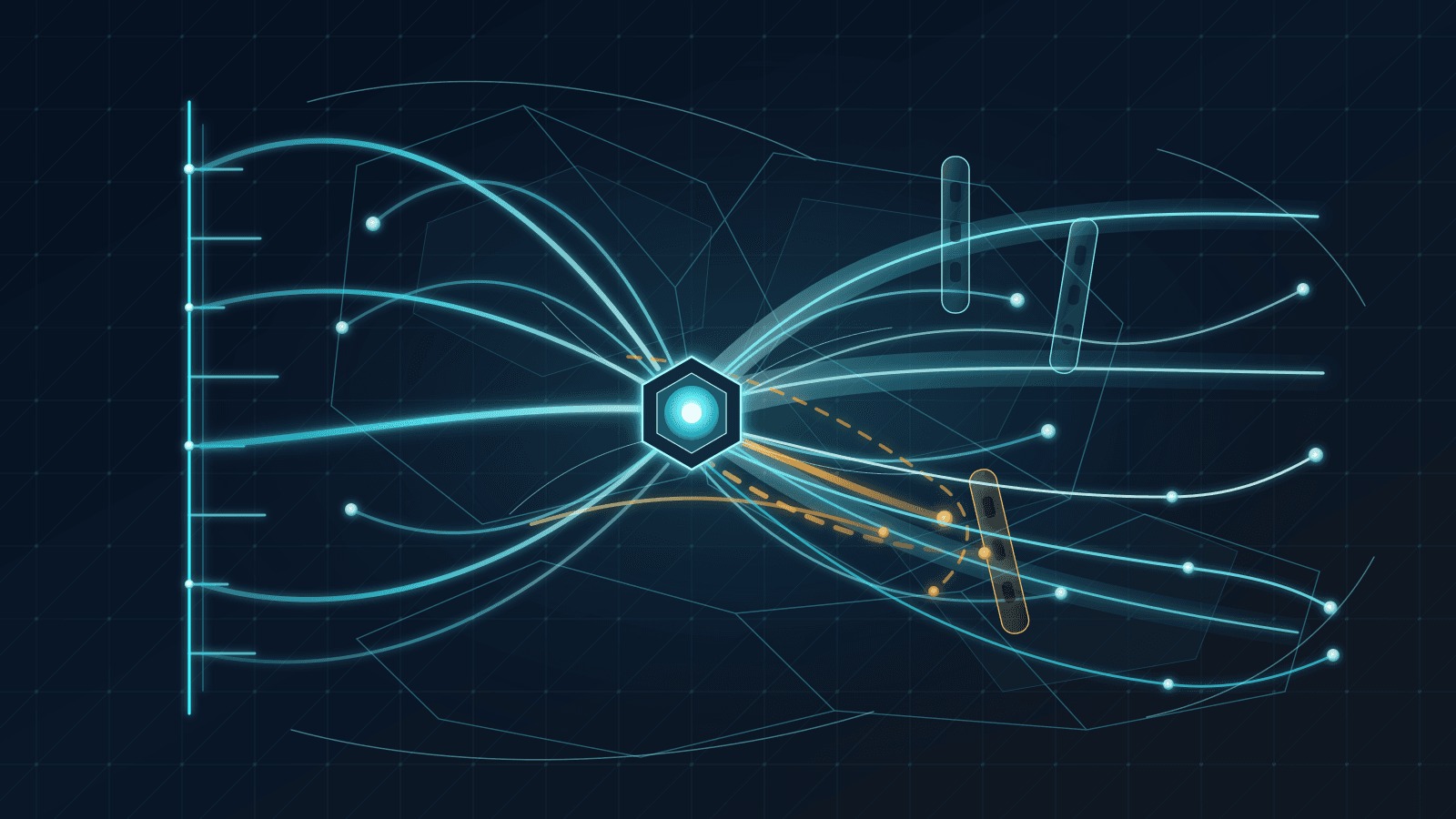 Abstract cyan registry spine feeding peering arcs, transit corridors, route-filter gates and customer-portability paths.