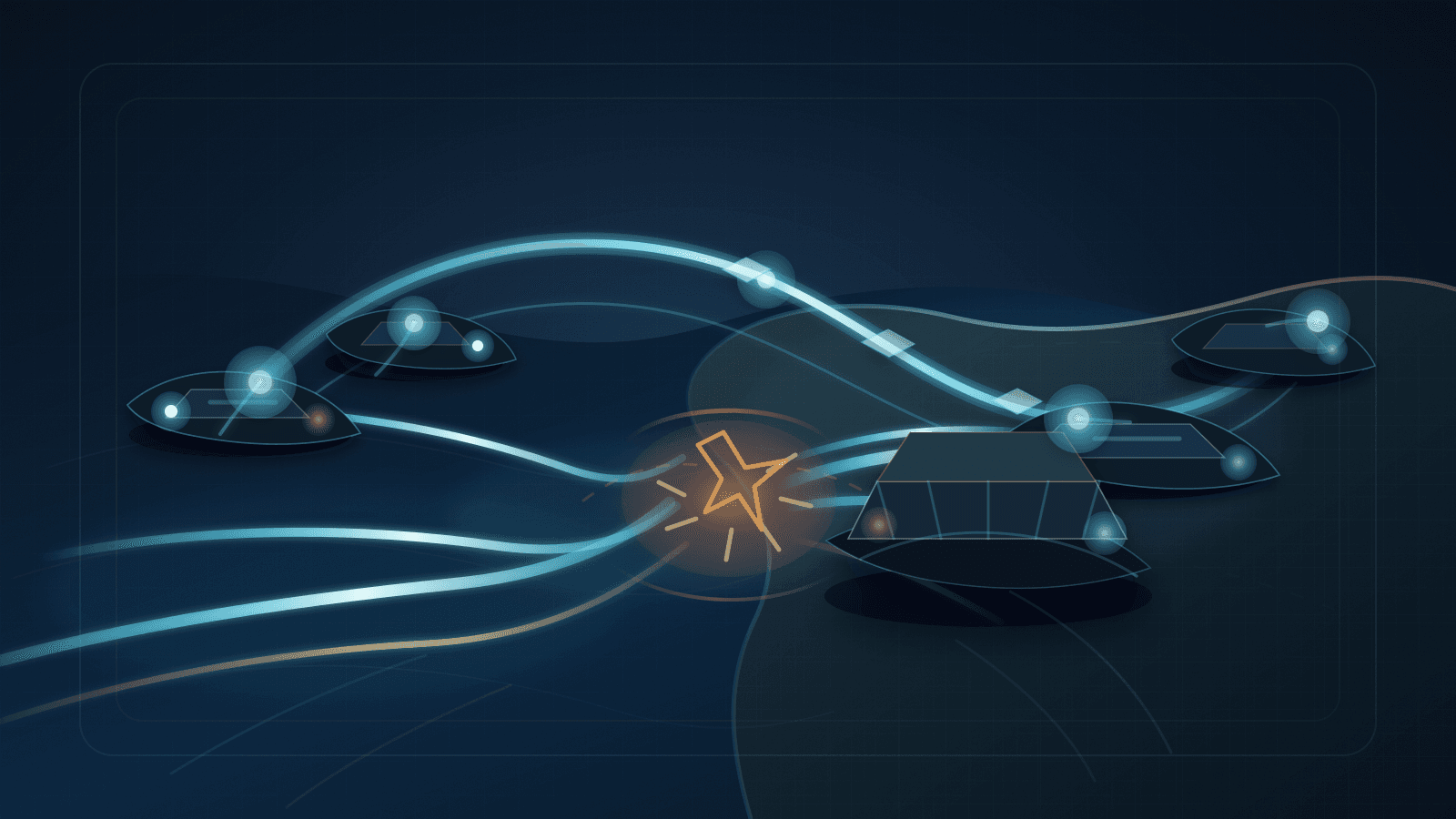 Abstract undersea cable strands crossing a repair gap while a cyan registry-continuity arc keeps endpoint nodes connected.
