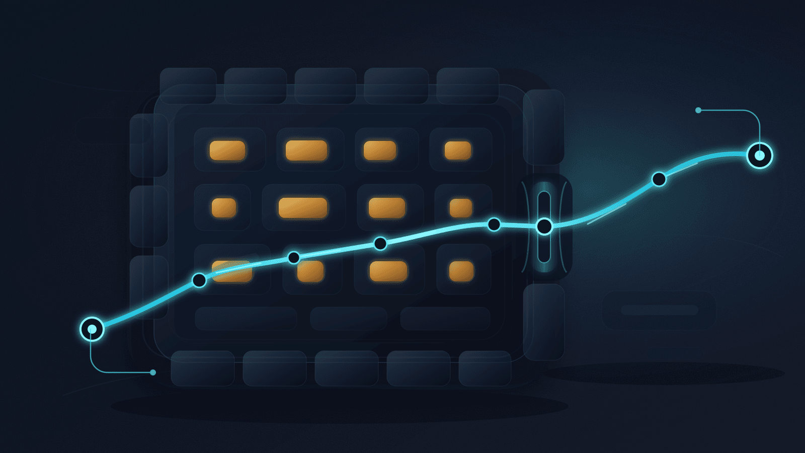 Abstract dark cloud-platform gate with amber address inventory blocks and a cyan portable-address path passing through a narrow controlled aperture toward an external endpoint.