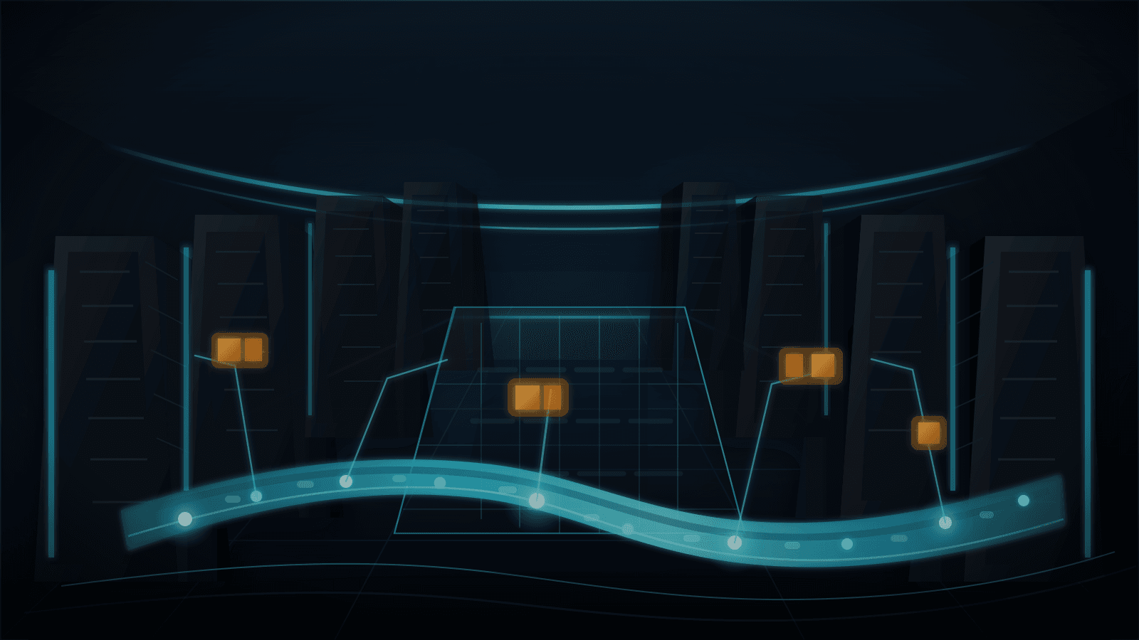 A dark graphite data hall with powered rack rows, a glowing cyan registry-ledger ribbon feeding endpoint nodes into selected tenant cages, and warm amber scarcity tiles marking constrained address inventory.