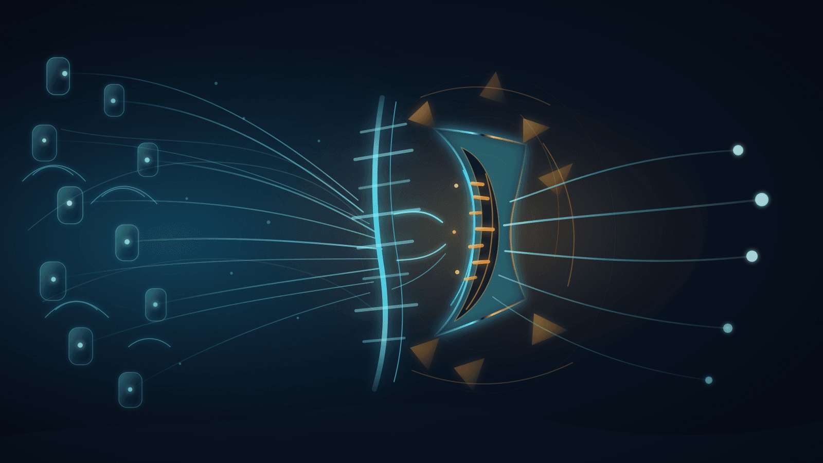 Abstract dark mobile-core scene where many cool subscriber signals converge through a narrow glowing translation aperture and leave as fewer public endpoint paths, with amber pressure fragments around port slots.