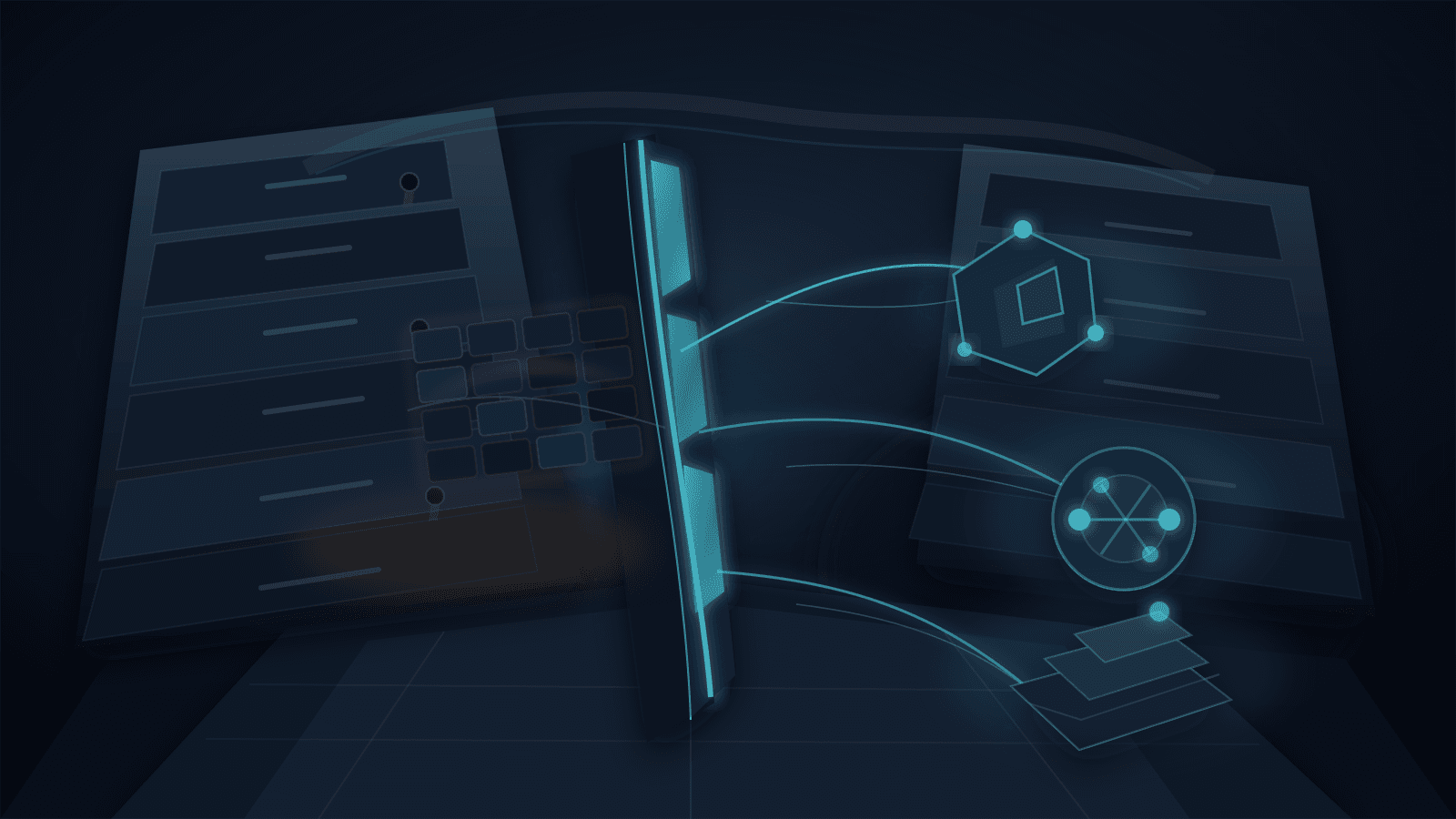 Abstract dark corporate archive and boardroom scene with locked drawers, dormant block rectangles, a cyan registry-ledger spine, custody nodes, and amber uncertainty shadows.
