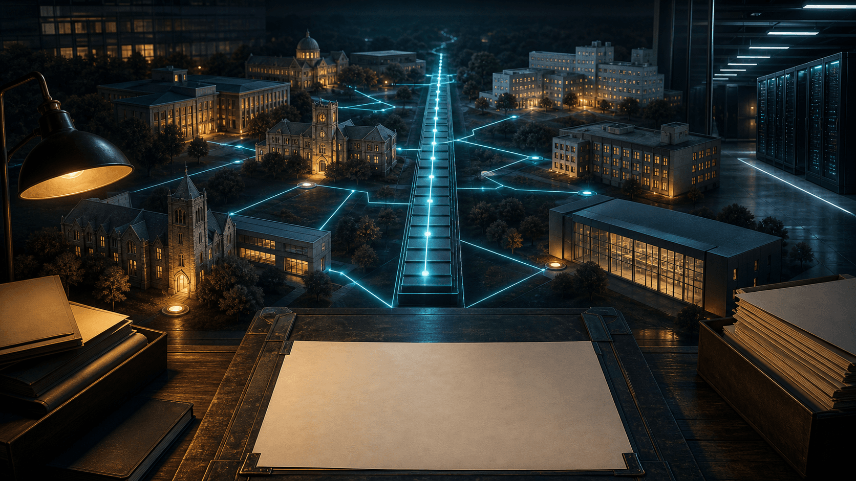 Night campus network archive scene with unlabelled university buildings, research facilities, a central cyan registry-ledger path, a data-center corridor, blank papers, archive folders, and restrained amber stewardship-risk light.