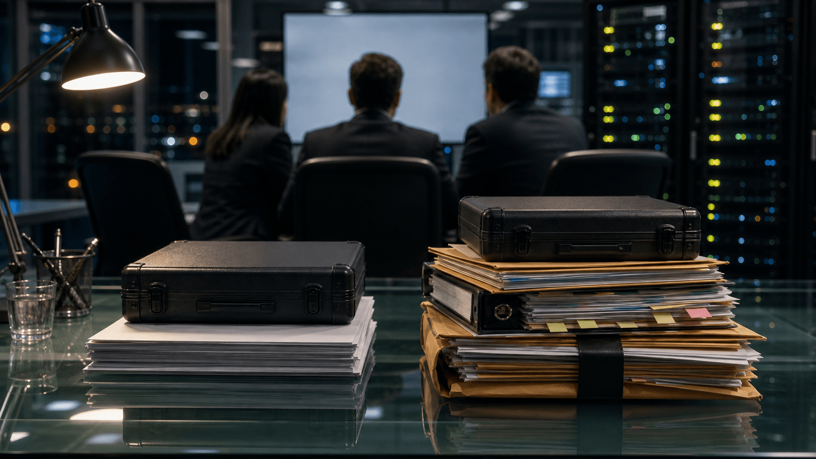 Two plain asset cases sit on a glass boardroom table, one on a neat stack of papers and the other on a much thicker pile of folders and due-diligence files.