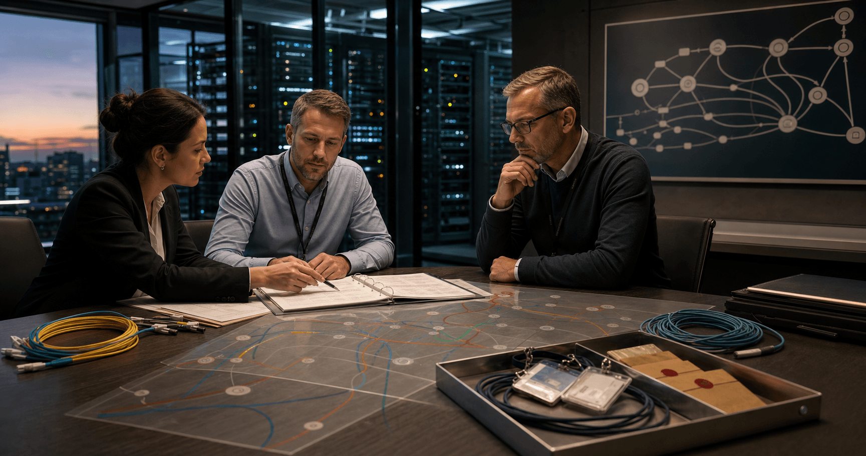 Network operations and compliance staff review layered responsibility records beside fiber cables in a realistic server-room meeting space.