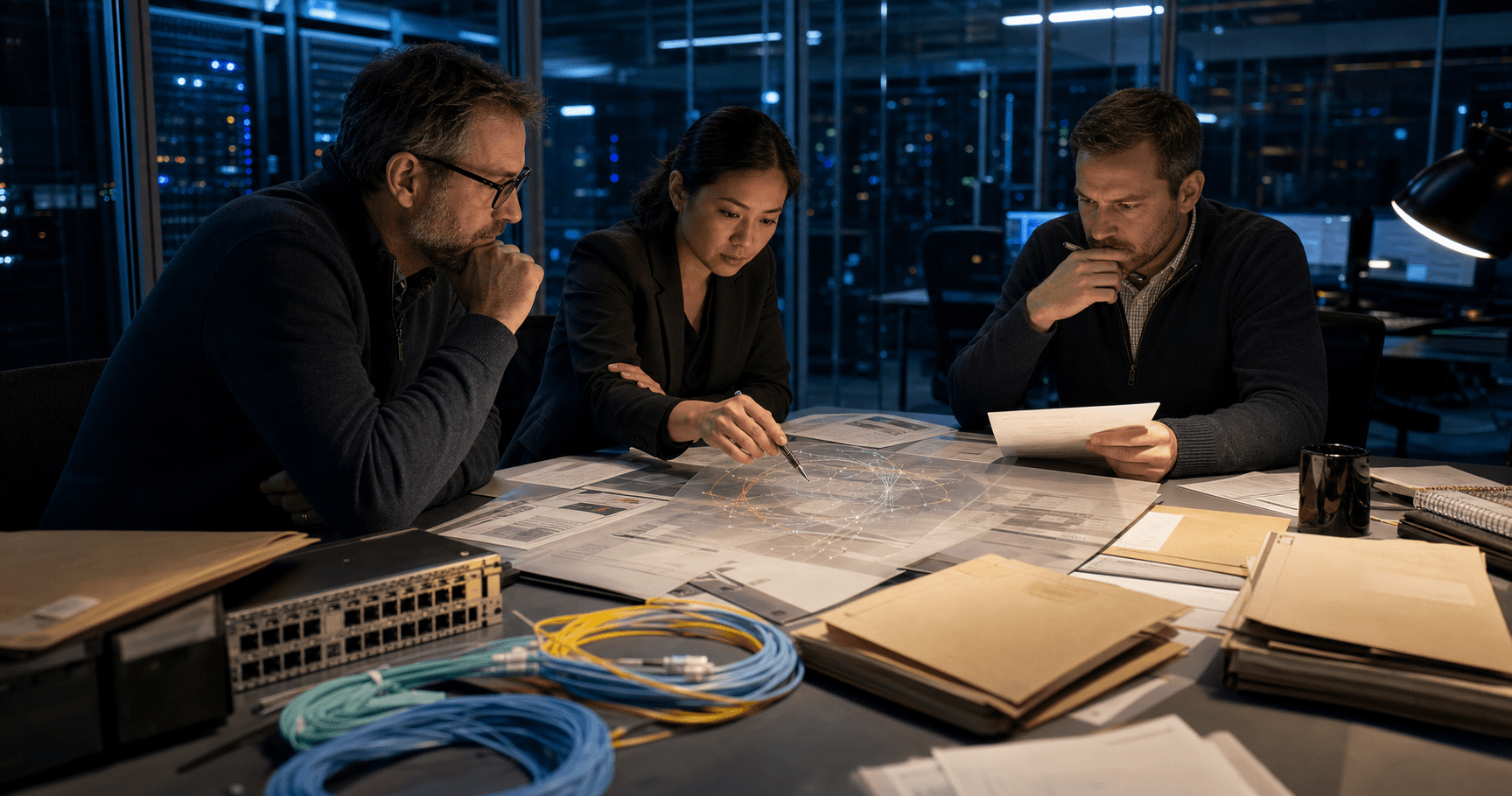 Network operations and risk-review staff examine an unbranded address-reputation dossier beside fiber cables in a realistic server-room office.