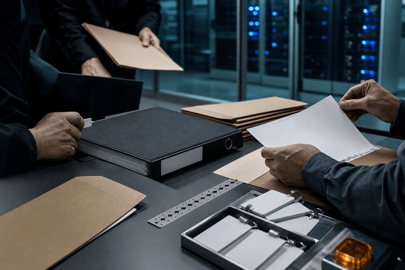 Registry security staff review blank authority files, access cards and audit evidence in a realistic server-room operations setting.