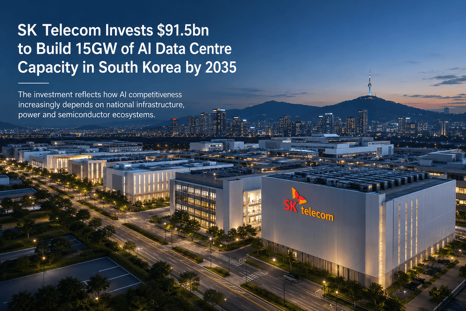 Illustration of SK Telecom's planned AI data centre expansion in South Korea, representing national-scale AI infrastructure supported by power, GPUs and semiconductor ecosystems.
