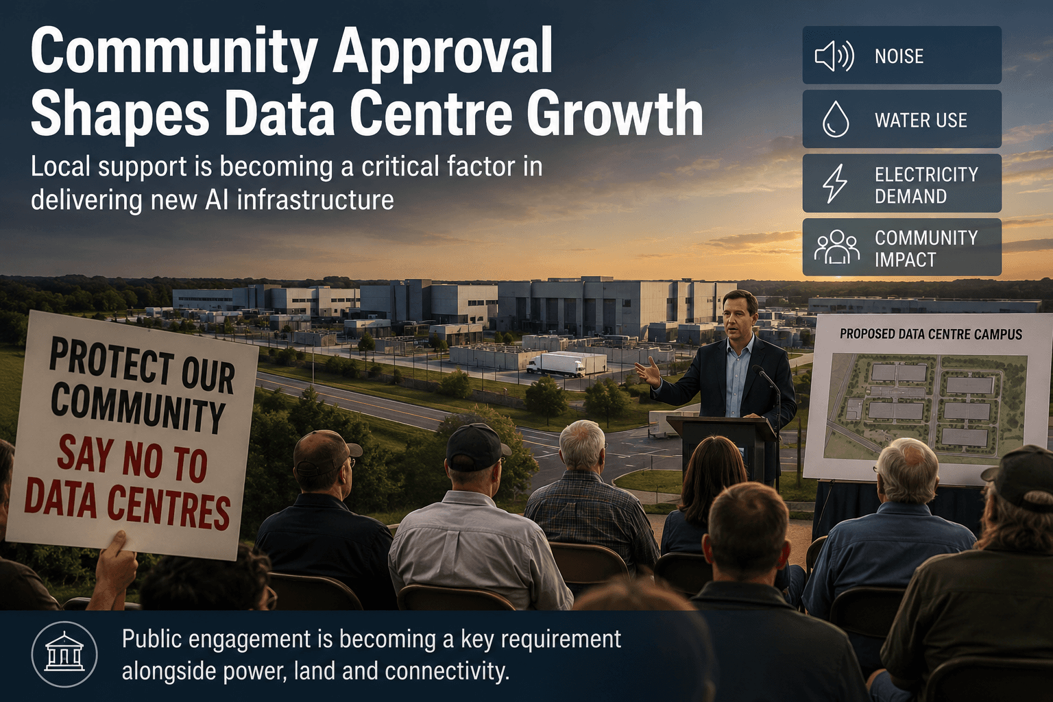 Residents gather near a proposed data centre development as communities increasingly influence planning decisions for AI infrastructure projects.