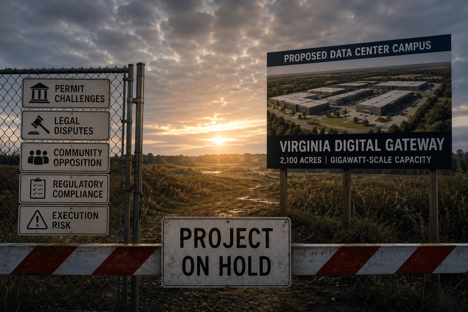 A proposed hyperscale data centre site stands behind barriers and regulatory warning signs, representing the legal and governance challenges affecting AI infrastructure development.