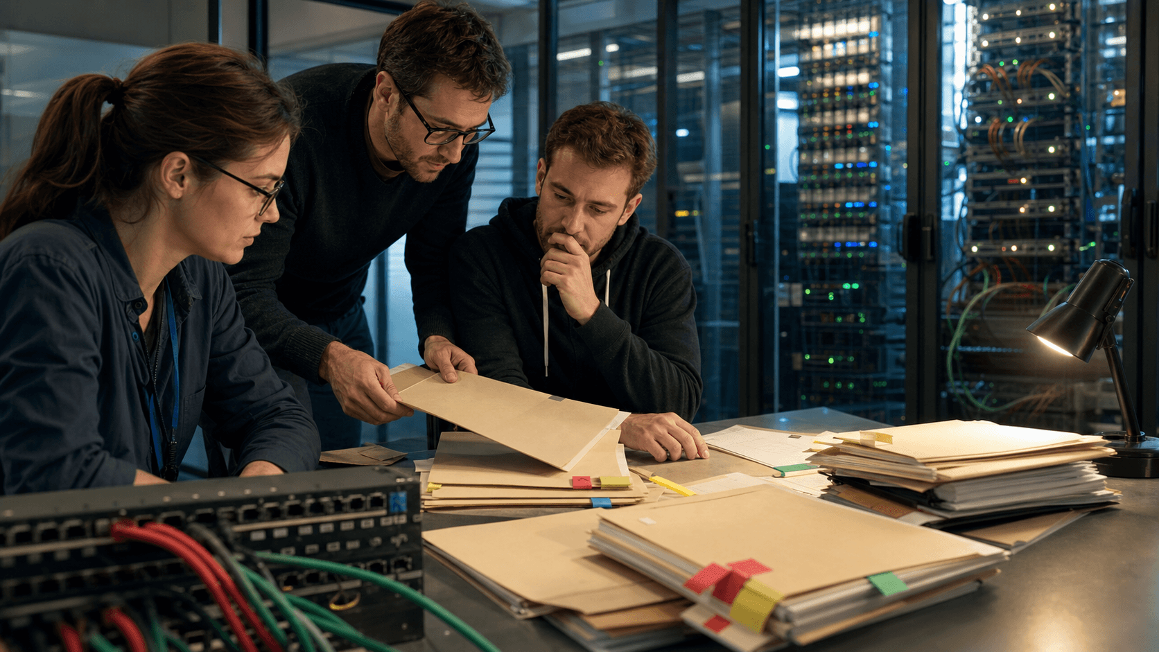 Network engineers review blank routing-evidence folders beside routing equipment in a data-centre operations room.