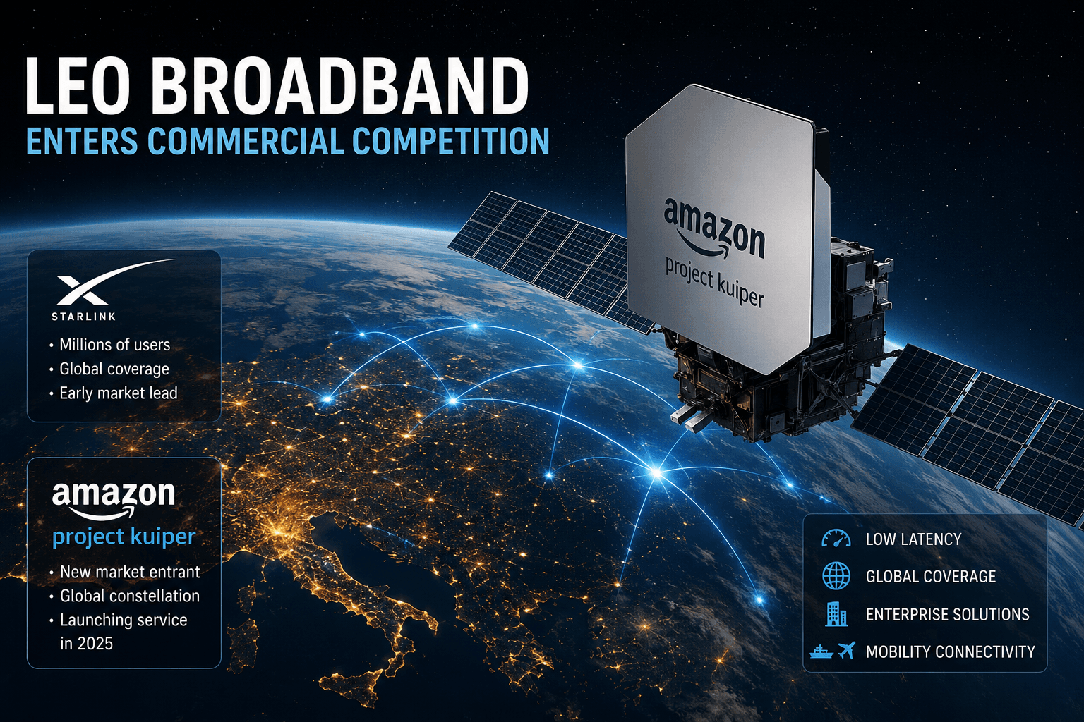A low Earth orbit satellite constellation providing broadband connectivity above Earth, representing the transition from satellite deployment to commercial broadband services.