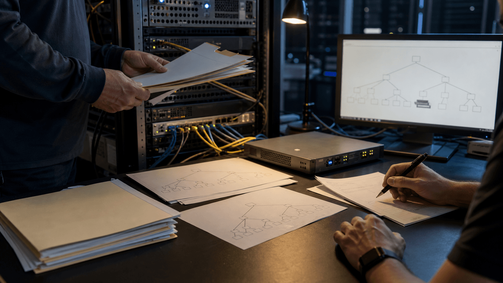 Network operations staff review blank reverse-DNS delegation paperwork beside server racks and DNS equipment.