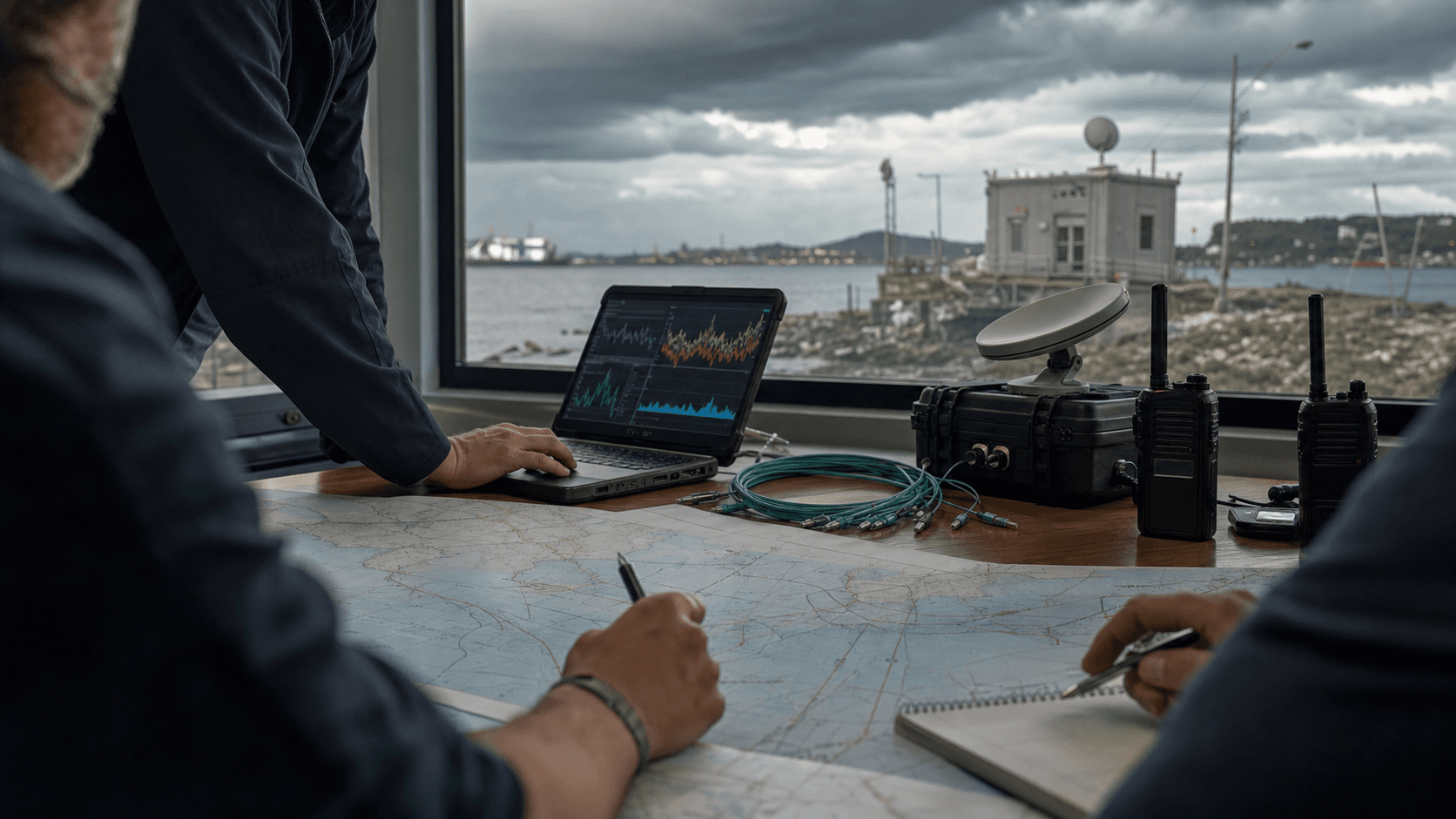 Island network planners review cable-route maps and emergency connectivity equipment beside a stormy coastal landing facility.