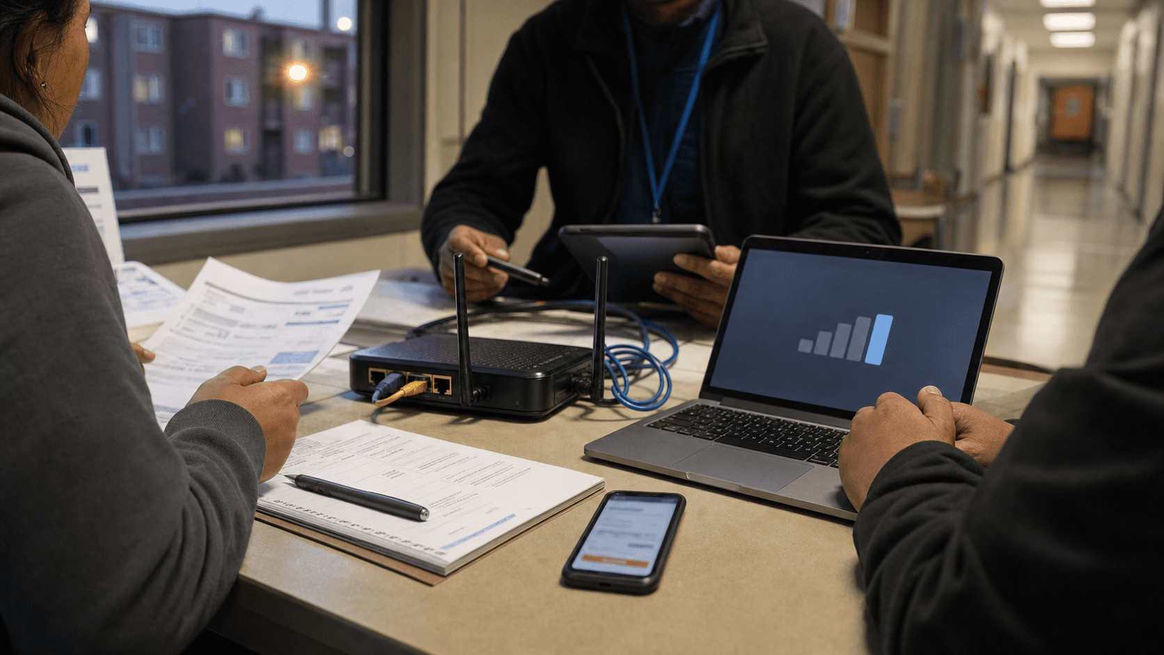 A community broadband assistance meeting reviews a low-cost home router, blurred bill papers and connection-quality indicators in a modest apartment building room.