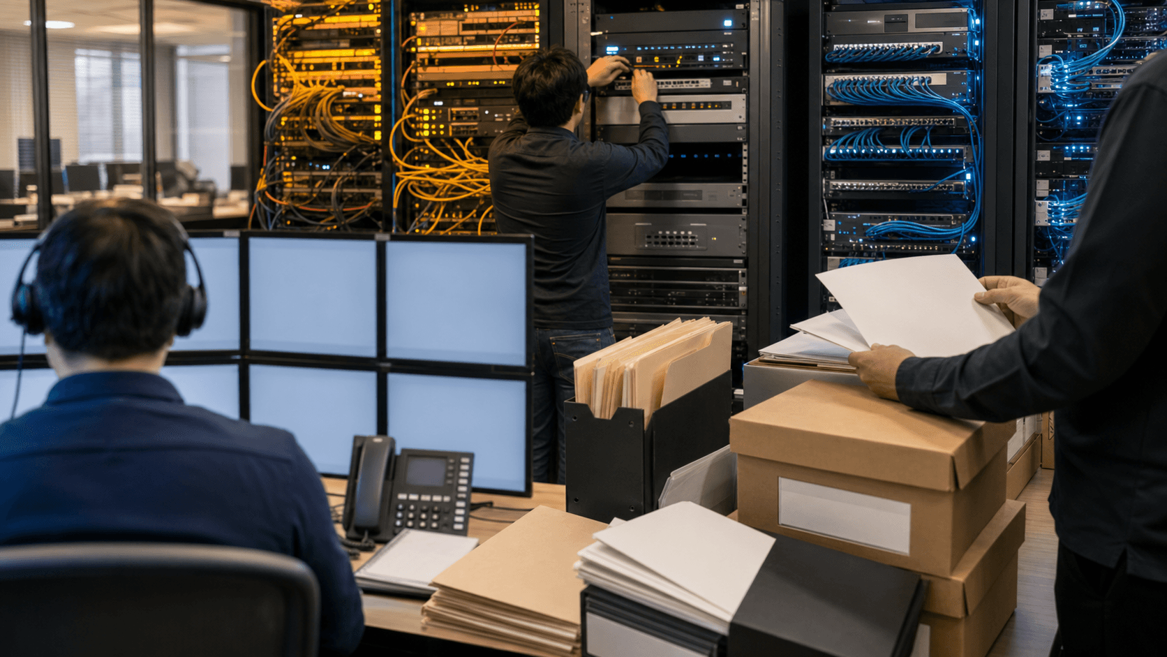 Anonymous support, network and compliance staff work in a realistic operations office with parallel legacy and modern network paths, NAT equipment, blank evidence folders and an unbranded registry ledger.