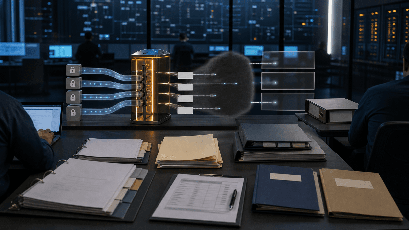 A cloud operations room shows private subnet lanes feeding a metered managed NAT gateway, with blank allowlist binders, IPv4 identity tokens, portability folders, and a neutral registry ledger nearby.