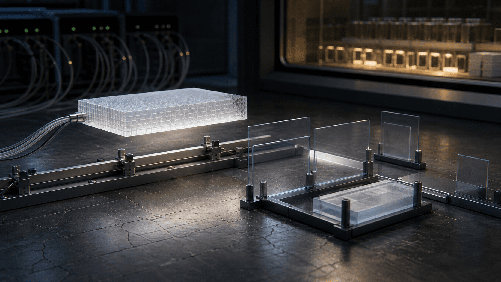 A translucent address-block artifact is held on a covenant rail with customer-continuity cables, transparent settlement gates, default stress marks and a separate passive registry-record window.